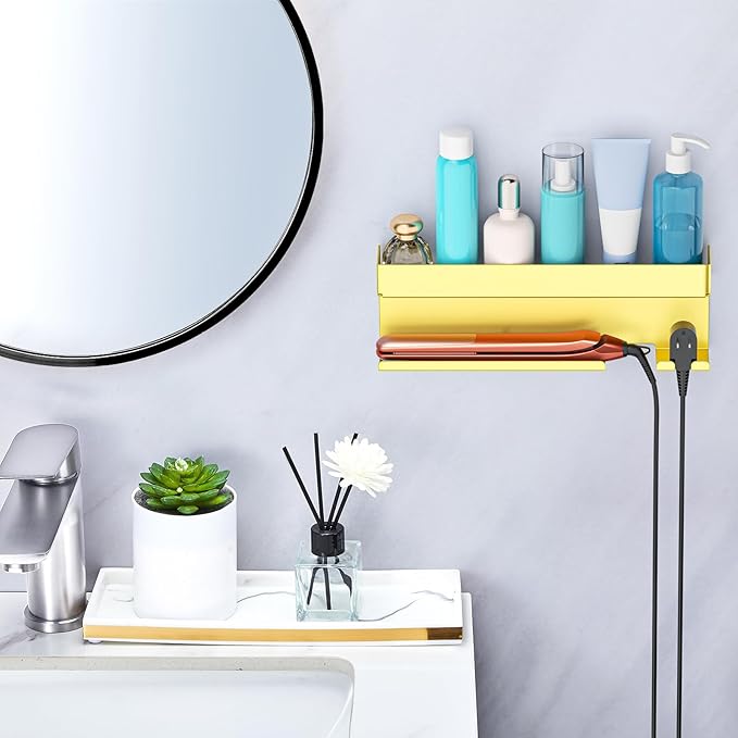 Storage Hair Dryer Holder for Curling Iron Accessories, Hair Tool Organizer Wall Mount, Curling Iron Holder, Bathroom Hair Straightener Holder Stand for Styler Attachments Organizer, Gold