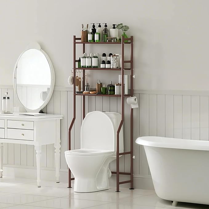 3-Tier Over The Toilet Storage with Paper Holder, Metal Bathroom Organizers and Storage for Small Space, Freestanding Bathroom Shelves with 4 Hooks, Above The Toilet Storage Shelf (Bronze)