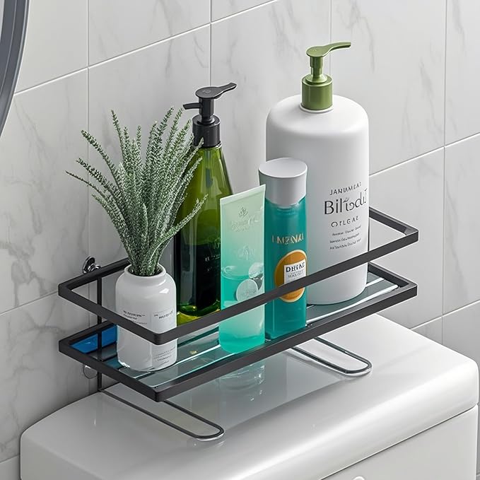 ShellKingdom Over The Toilet Storage Shelf, Toilet Paper Holder Stand Shelves, Punch-Free Bathroom Storage Rack with 2 Hooks, Small Space Organizers for Bathroom, Home, Countertop, Black