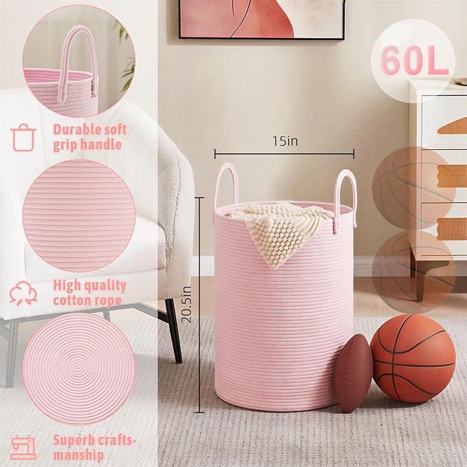 Laundry Basket,Woven Cotton Rope Laundry Hamper,60L for Decorative Storage of Dirty Clothes,Toys and Blankets in Bathroom,Baby Room and Living Room