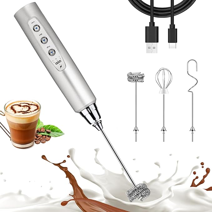 Nahida Beige Milk Frother Wand for Coffee, Frother Handheld Rechargeable Electric Whisk with 3 Heads 3 Speeds Drink Mixer Coffee Frother Foam Maker For Latte, Cappuccino, Hot Chocolate, Egg