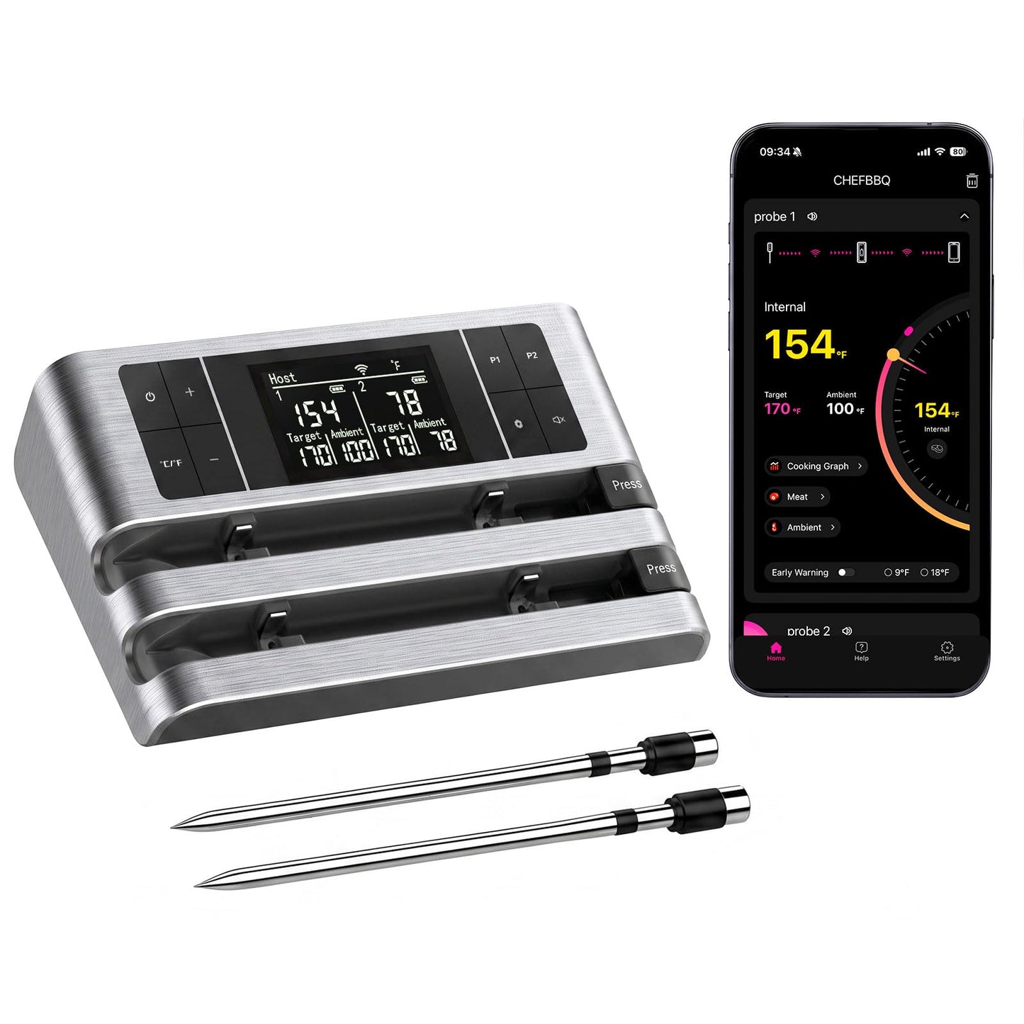 Wireless Smart Meat Thermometer with Dual-Sensor Probe, 500FT Remote Monitoring, Dedicated App, Real-Time Ambient and Food Temperature Tracking for Precise Cooking Control