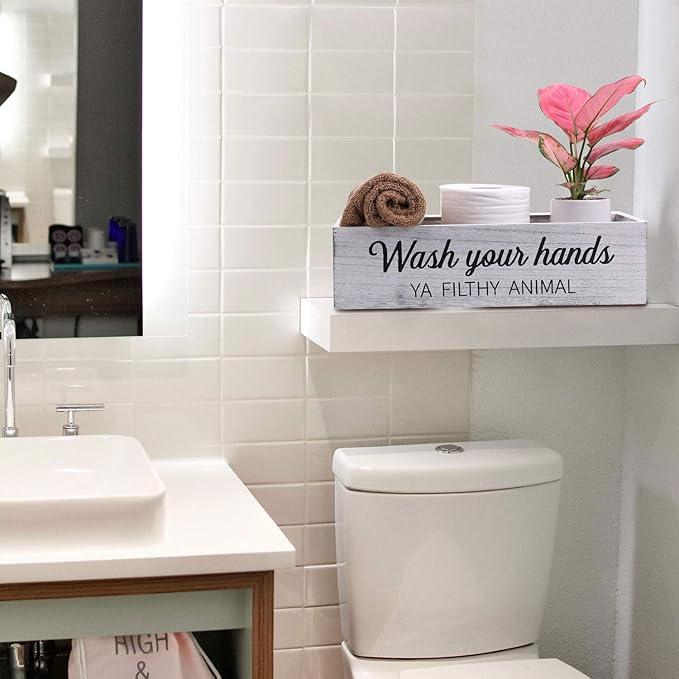 Bathroom Decor Box, Toilet Paper Basket With 2 Sides Signs, Farmhouse Tank Topper, Rustic Home Decor for Livingroom Kitchen (One Whitewashed Box)