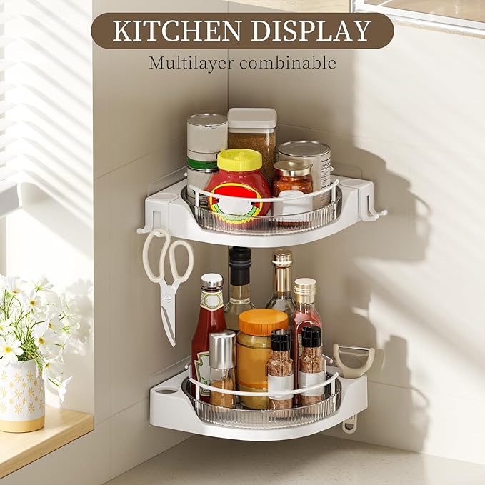 360° Rotating Corner Shower Caddy (2-Pack) - Lazy Susan Bathroom Organizer with Hooks, No-Drill Adhesive Mount for Shower, Kitchen, RV, Space-Saving ABS Plastic Shower Shelf