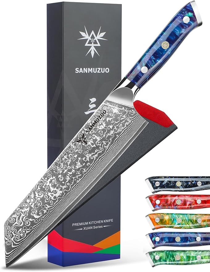 SANMUZUO 8.5 inch Kiritsuke Kitchen Chef Knife - 67 Layers Damascus Steel & Resin Handle - Xuan Series(Fantasy Orange)