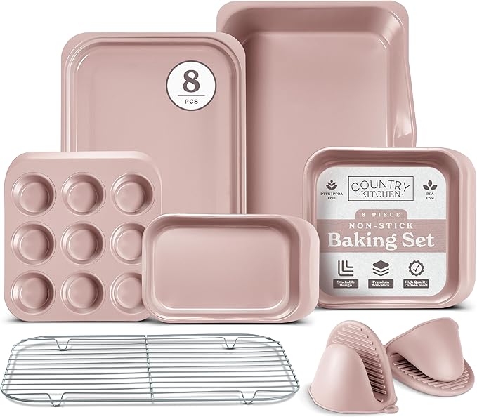 Country Kitchen Nonstick Stackable Bakeware Set - Deluxe Heavy Duty, Durable, Easy Release Baking Set, 8 Pcs, Cream