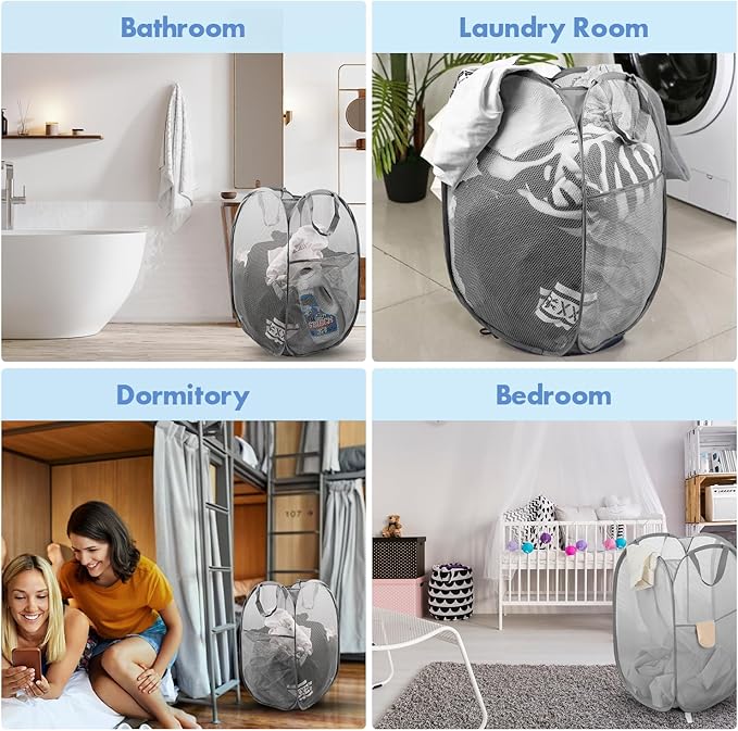 Pop Up Hamper, 2 PCS Mesh Pop Up Laundry Hamper, Foldable Mesh Laundry Basket with Space Saving Design for Home, Dorm, Travel and Storage, Gray