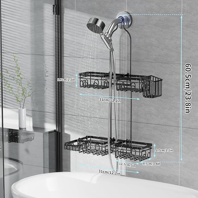 KEGII Split Hanging Shower Caddy for Handheld Showerheads, EXTRA Soap Holder & Toothbrush Holder, 24 Hooks Anti-Swing Over Showerhead Organizer, Rustproof Bathroom Shower Rack, Black