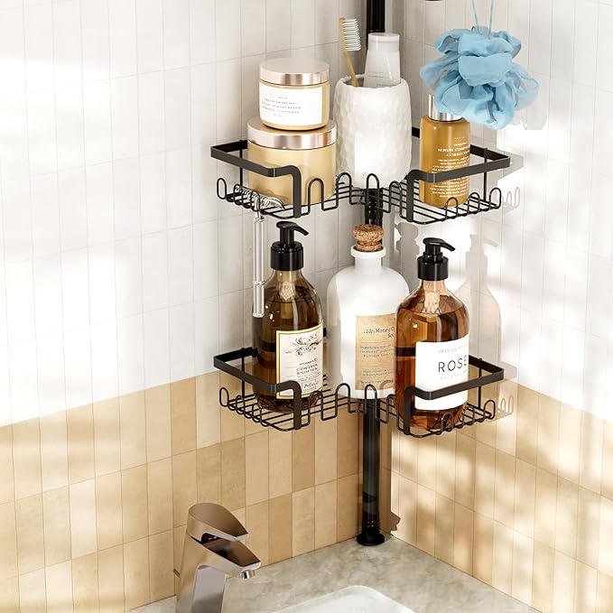 Corner Shower Caddy Tension Pole Adjustable 29–124 Inch, 4 Tier Rustproof Shower Organizer Shelf Rack, Quick Installation Bathroom Storage Shower Caddy Corner Pole, Black