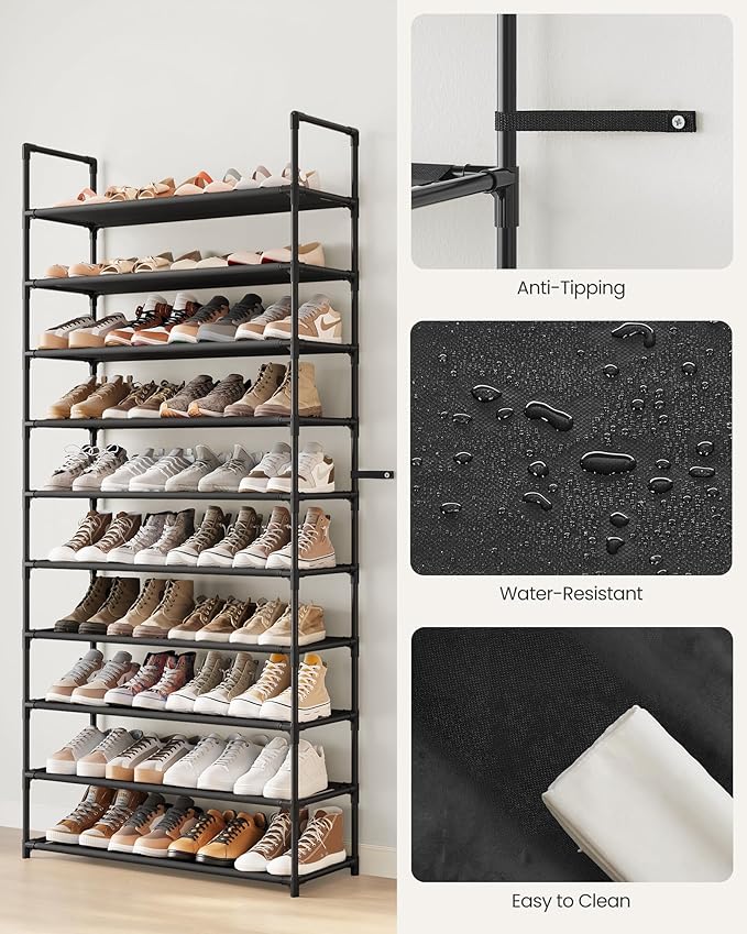 SONGMICS Shoe Rack, 10-Tier Shoe Shelf, Shoe Storage Organizer, 11 x 32.7 x 68 Inches, Metal Frame, Non-Woven Fabric Shelves, for Entryway, Bedroom, Black ULSH110BH01