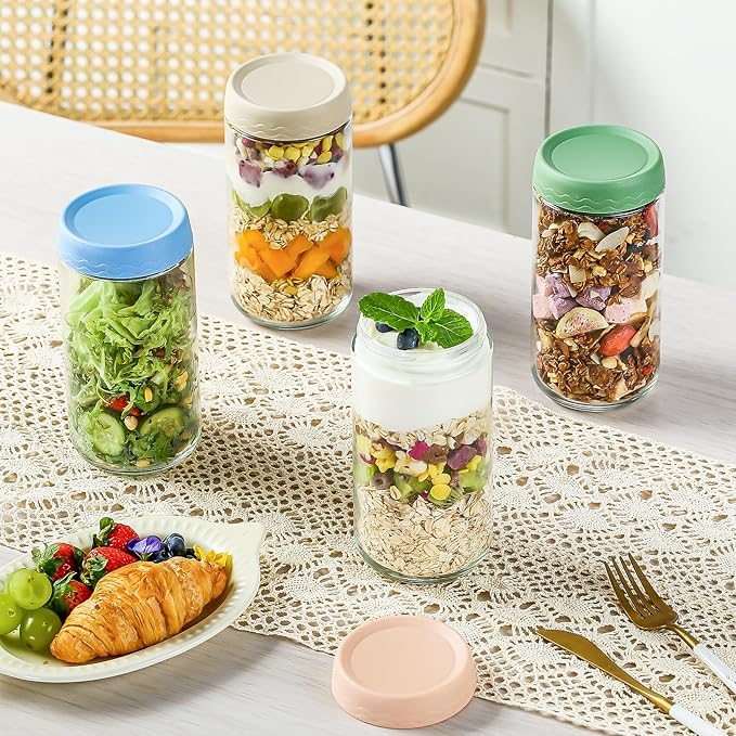 DRKIO 24 Oz Overnight Oats Containers with Lids - 6 Pack Glass Storage Jars with Airtight Lids Wide Mouth Mason Food Jars Great for Meal Prep Salad Chia Pudding Snacks Yogurt Sugar Spice Cereal