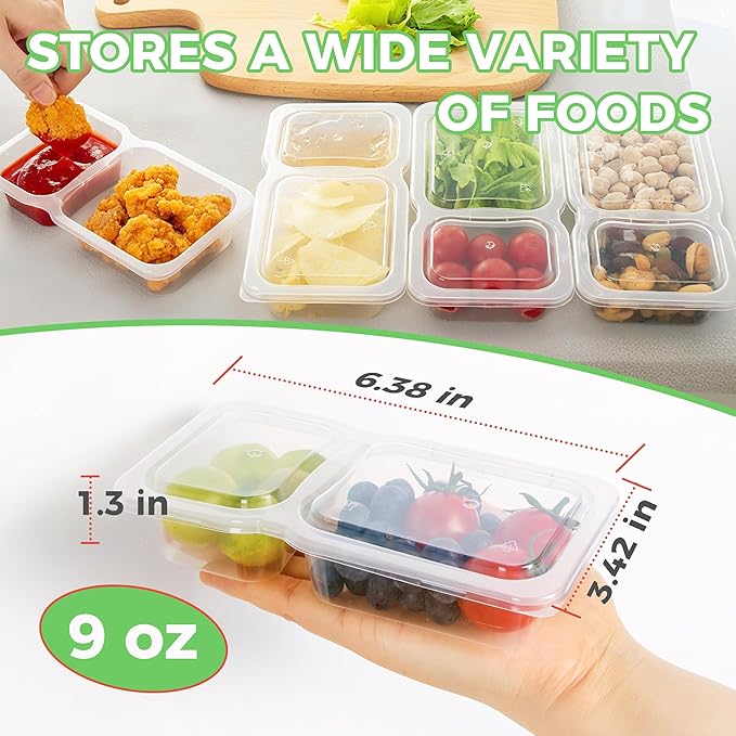 MACTANO Reusable Snack Containers with Lids, 9 oz Double Compartment Plastic Snack Pack Containers Portion Control Meal Prep Snack Boxes BPA Free 10 Sets for Work Travel School