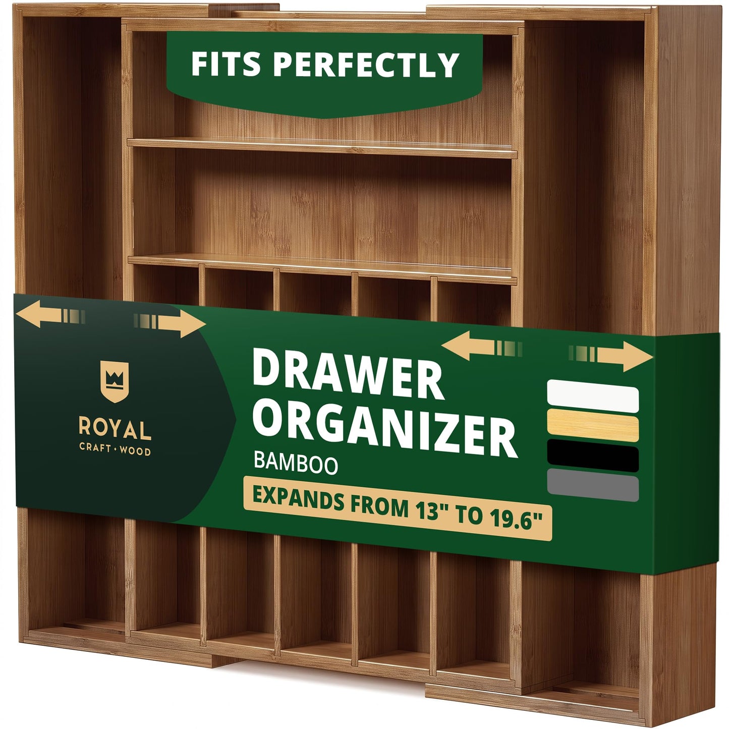 ROYAL CRAFT WOOD Luxury Bamboo Kitchen Drawer Organizer - Silverware Organizer - Utensil Holder and Cutlery Tray with Grooved Drawer Dividers for Flatware and Kitchen Utensils (7 Slot, Gray)