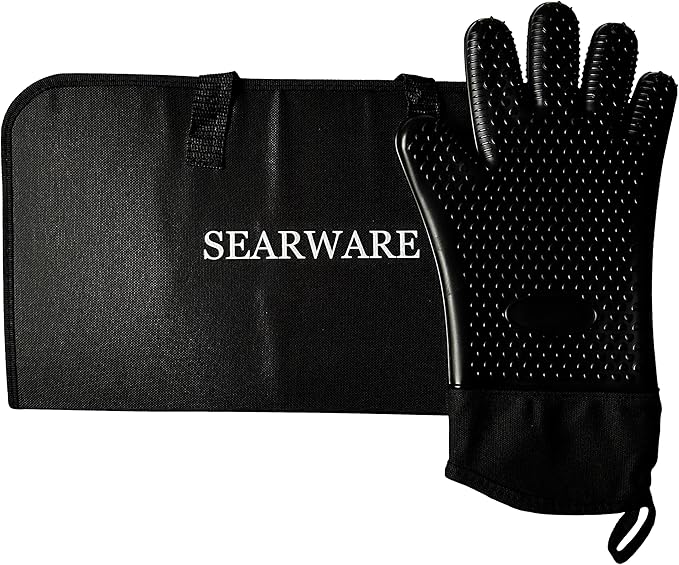 SEARWARE Barbecue Grill Tool Set - Stainless Steel - Strong Durable Design - Heat Resistant Glove & Bristle Free Grill Brush - Thermometer, Meat Injector, & Corn Skewers - Perfect For Smokers & Grills