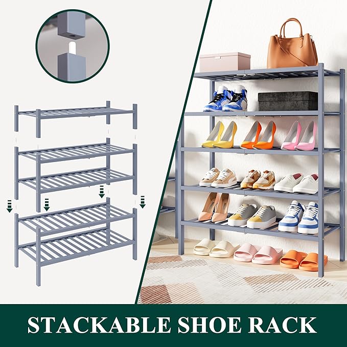 Smiry Shoe Rack, 4 Tier Thick Small Bamboo Shoe Organizer, Stackable Free Standing Wooden Shoe Storage Shelf for Closet, Entryway, Front Door Entrance, Grey