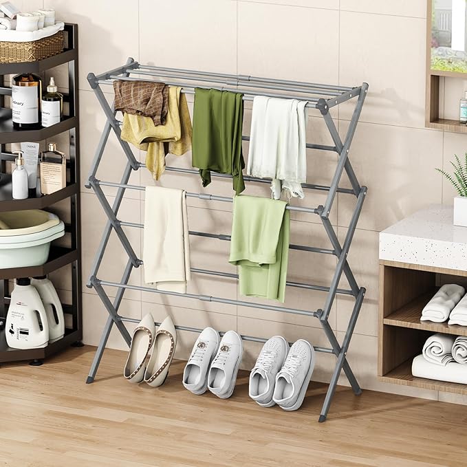 Foldable Drying Rack Clothing, 3-Tier Portable Clothes Drying Racks for Indoor & Outdoor, Anti-Rust Compact Laundry Rack Collapsible, Grey 28" D x 10" W x 35" H