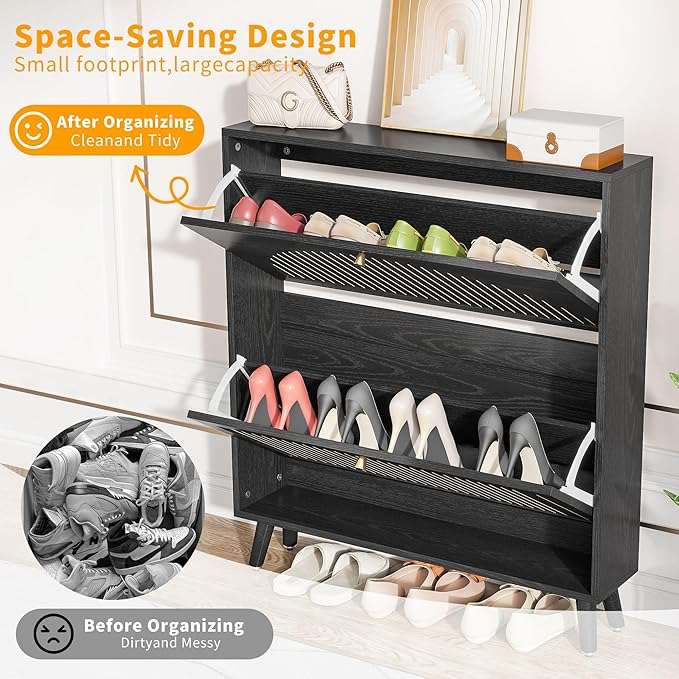 Shoe Storage Cabinet for Entryway with 2 Flip Drawers, Narrow Wood Shoe Cabinet with Fluted Panel, Freestanding Hidden Shoe Organizer for Foyer, Hallway (Black - No Shelf)