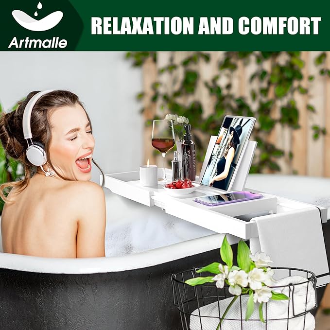 Artmalle Bathtub Tray for Tub, Expandable Bamboo Bath Caddy Tray with Book Holder for Home Spa Relaxing, Foldable Minimalist Bathroom Accessories for Women Men (Simple, White)