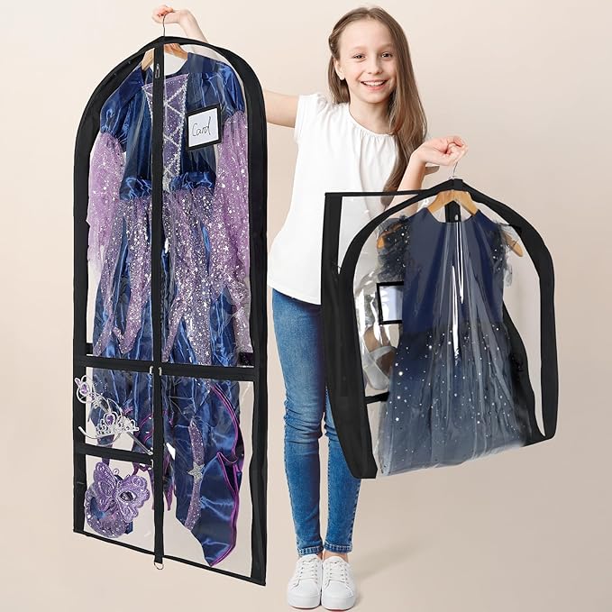 Univivi Clear PVC Dance Costume Bag, 50 Inch Garment Bag for Competitions With 3 Separated Medium Zipper Pockets and 1 Large Back Zippered Pocket (Clear/Black)