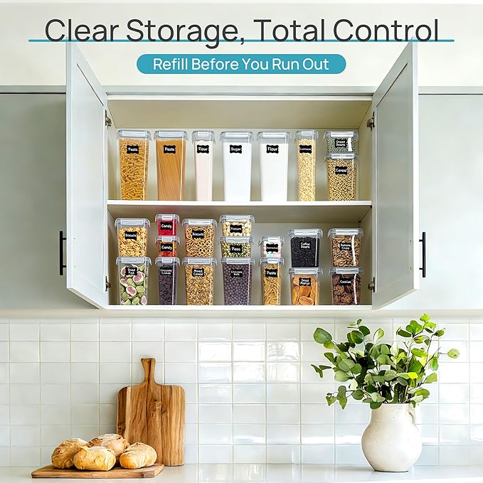 Vtopmart Airtight Food Storage Containers with Lids, 24 pcs Plastic Kitchen and Pantry Organization Canisters for Cereal, Dry Food, Flour and Sugar, BPA Free, Includes 24 Labels,Gray