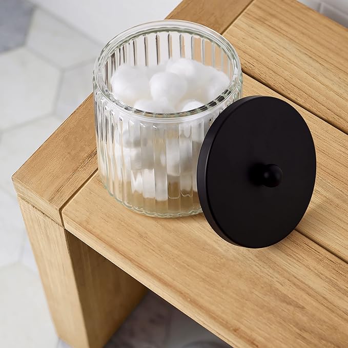 KMwares 2-Pack Glass Qtip Holder Dispenser Set - Bathroom Canister Storage Organizer for Cotton Balls, Swabs, Floss Picks, and Makeup Sponges with Matte Black Metal Lid - Clear Vanity Apothecary Jars