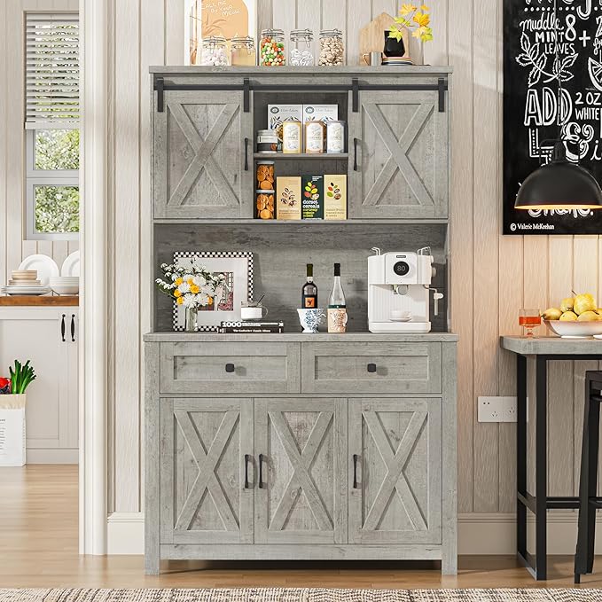 Befrases 67.7 Inch Farmhouse Pantry Storage Cabinet with Sliding Barn Doors, 2 Drawer Farmhouse Coffee Cabinet with Adjustable Shelf, Side Board with Buffet Cupboard Livingroom Kitchen, Grey