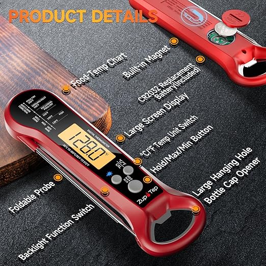 ZupTep Meat Thermometer Digital – Instant Read Food Thermometer for Cooking with Long Probe and Backlit Display, Fast Accurate Temperature for Grill, BBQ, Smoker, Candy, Kitchen Essentials