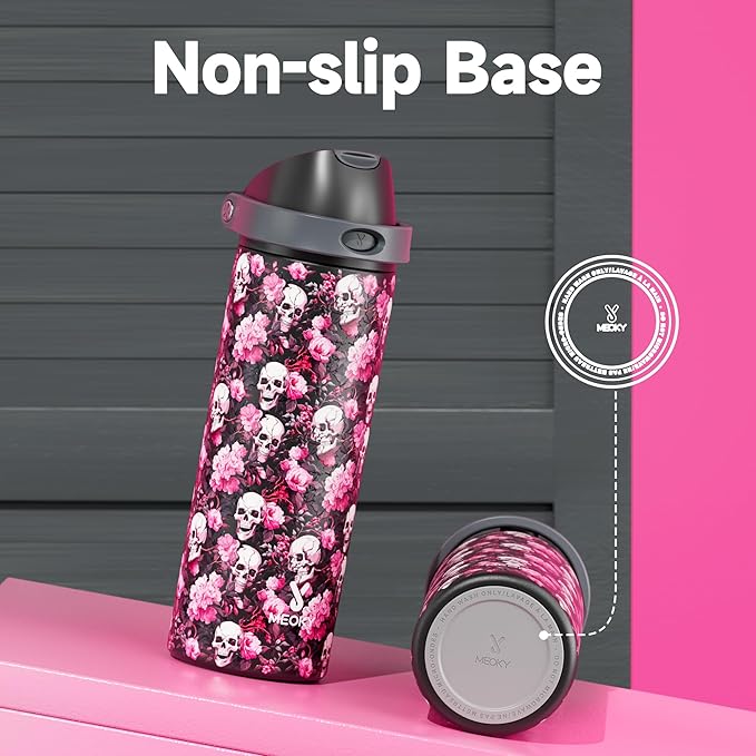 24 oz Insulated Water Bottle with Straw: Meoky Stainless Steel Water Bottle with Straw and Spout Lid - Leak Proof, Cold for 24 Hours, Fits in Car Cup Holder, BPA-Free for Travel Gym, Shadow Bloom