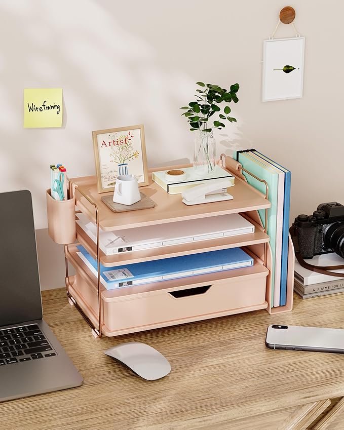 Kitsure Desk Organizer - 4-Tier Office Desk Accessories with Drawer & Pen Holder, Tool-Free Assembly Organizer with Non-Slip Pads, for Office Supplies Storage, Plastic, 13.3" x 8.0" x 10.8", Rose Gold