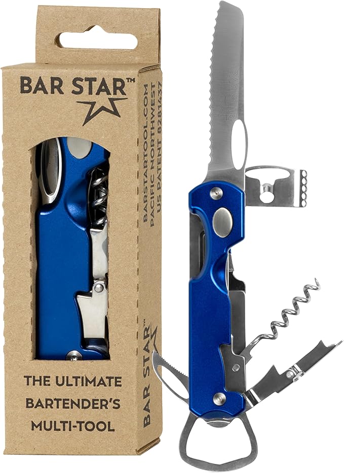 Bar Star Bartender's All-in-One Bar Tool Set: Corkscrew, Zester, Citrus Knife and Bottle Opener Kit with Magnet for Picnics, Tailgating, BBQs, Camping, Travel, Beach Parties and Bartending, Blue