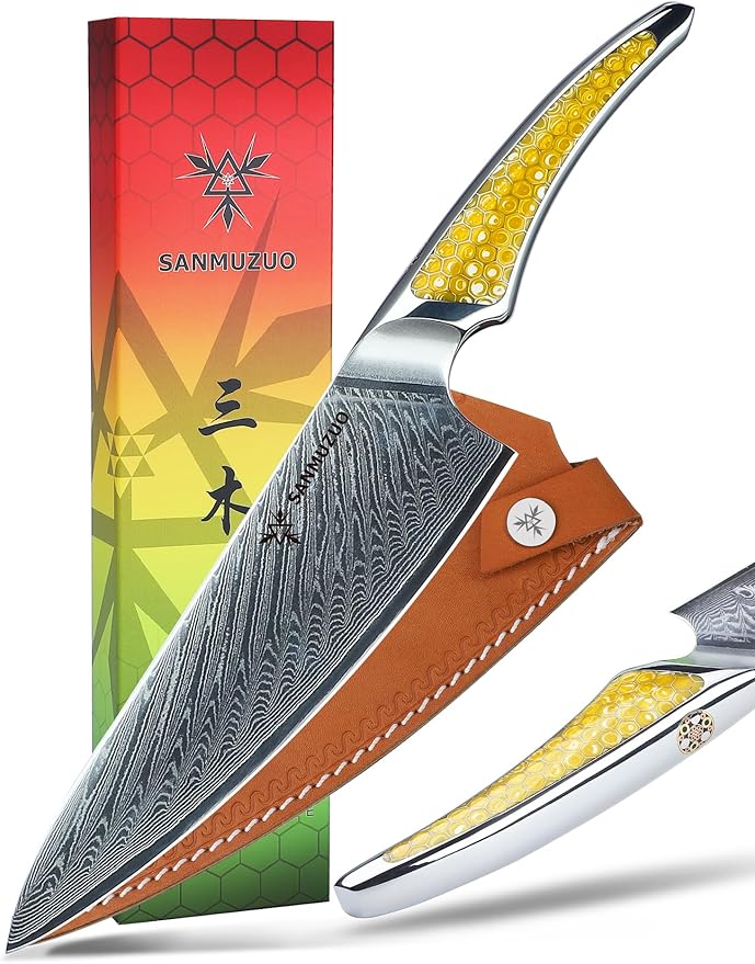 SANMUZUO 5 inch Utility Knife, Japanese VG-10 Damascus Steel Kitchen Knife, Ultra Sharp Fruit Knife with Full-tang Handle in Yellow Resin, LA-S9 Series