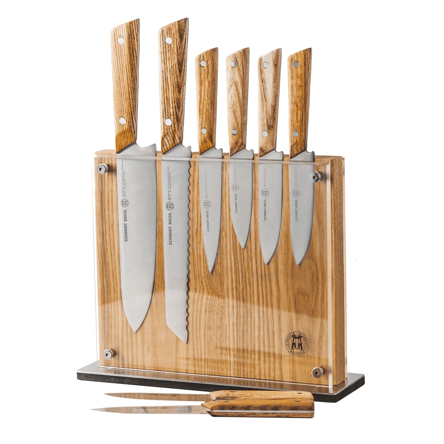 Schmidt Brothers - Hex 5-Piece Knife Block Set, High-Carbon German Stainless Steel Cutlery with Natural White Oak and Acrylic Magnetic Knife Block