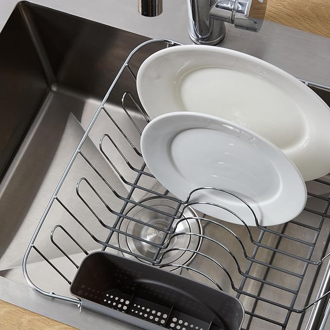2-Piece Dish Drying Rack & Cutlery Holder Set - Compact Sink-Fitting Dish Drainer with Rubberized Undercoating, Space-Saving Kitchen Organizer for Plates, Cups, Bowls & Utensils, Gray (Pack of 2)