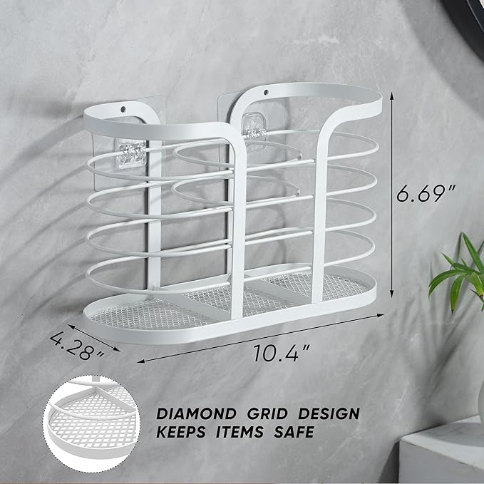 YIGII White Hair Dryer Holder - Adhesive Blow Dryer Holder/Hair Tool Organizer Bathroom Organizer Stick on Wall Mounted Multi-Functional Hair Dryer Rack for Wire Straightener, Shavers