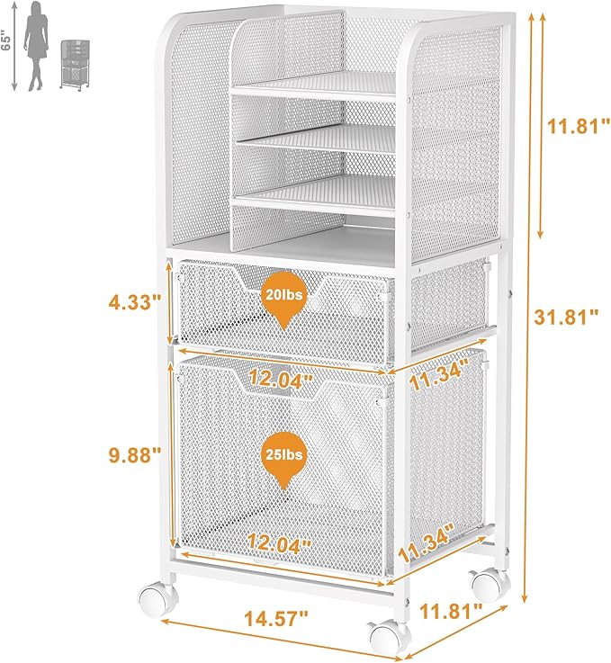 Rolling File Cart with 2 Drawers, White File Cabinet Organizer for Hanging File Folders, Letter-Size File Storage with Wheels, Multi-Layer Mobile Filing Cabinet for Office and Home, White