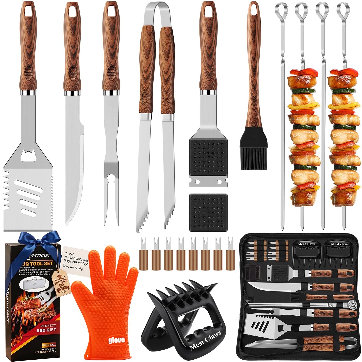 ROMANTICIST 23pcs Heavy Duty Grilling Gifts for Men Dad Fathers Day, Extra Thick BBQ Accessories Tools Set, Stainless Steel Grill Utensils Kit with Meat Claws,Canvas Bag for Outdoor Camping Silver