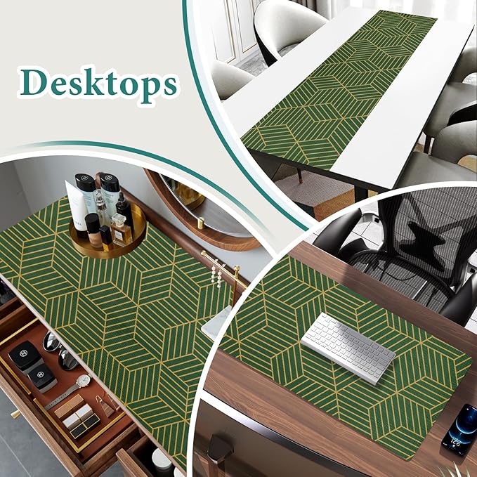 Shelf Liners for Kitchen Cabinets 12in x 30FT, Non Adhesive Cabinet Liner Strong Non-Slip Thickened Gold Green Geometric Drawer Liner, Easy to Clean for Shelf, Cabinet with Knife and Tape Measure
