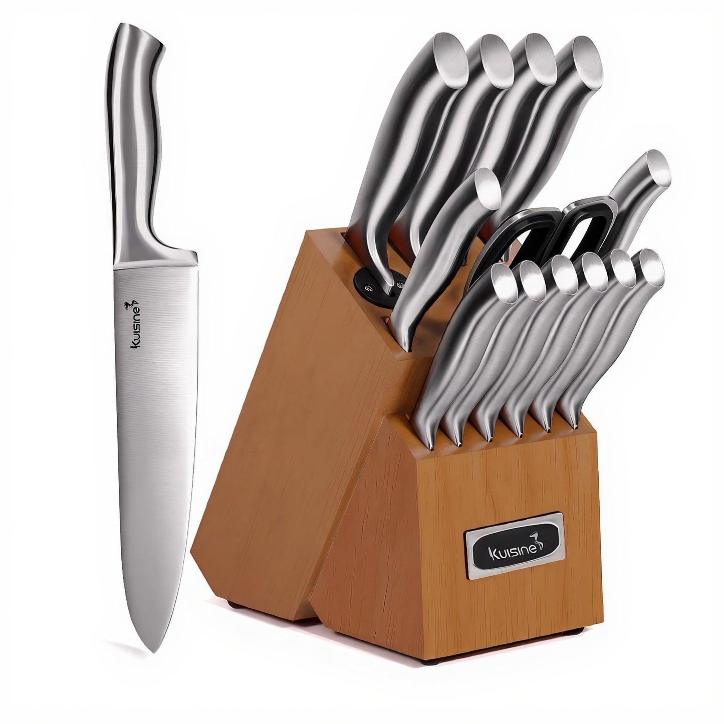KUISINE Upgraded Chef Knife Set,High Carbon Stainless Steel Ultra Sharp Blade Ergonomic Handle,Kitchen Knife Block Set with Built-in Sharpener,Elegant Gift for Holiday(Silver Black,15PCS)
