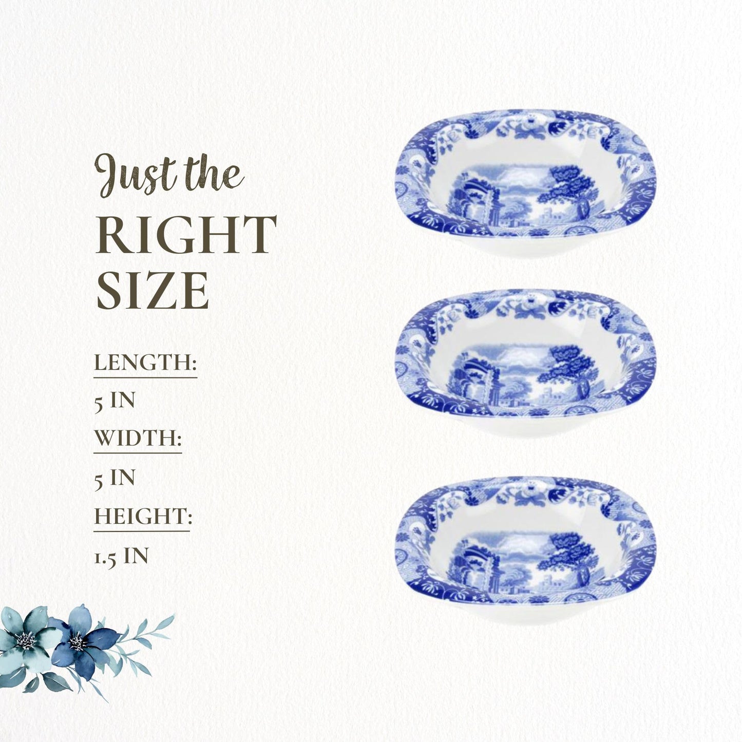 Spode Blue Italian Dip Bowl Set of 3 - 5-Inch Porcelain Bowls with Oriental Design, Dishwasher & Microwave Safe Tableware for Dip, Side, Appetizers, Dessert - Blue & White Dinnerware