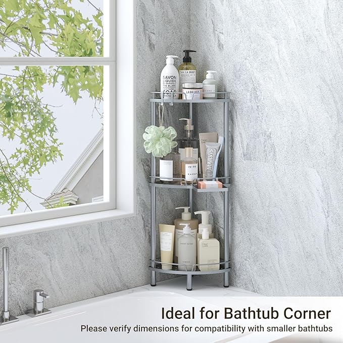 ELYKEN Corner Shower Caddy Standing, 3 Tier Rustproof Metal Shower Organizer with Soap Holder, Floor Shower Corner Shelf Rack Storage Stands with Adjustable Feet & 2 Hooks for Bathroom, Silver
