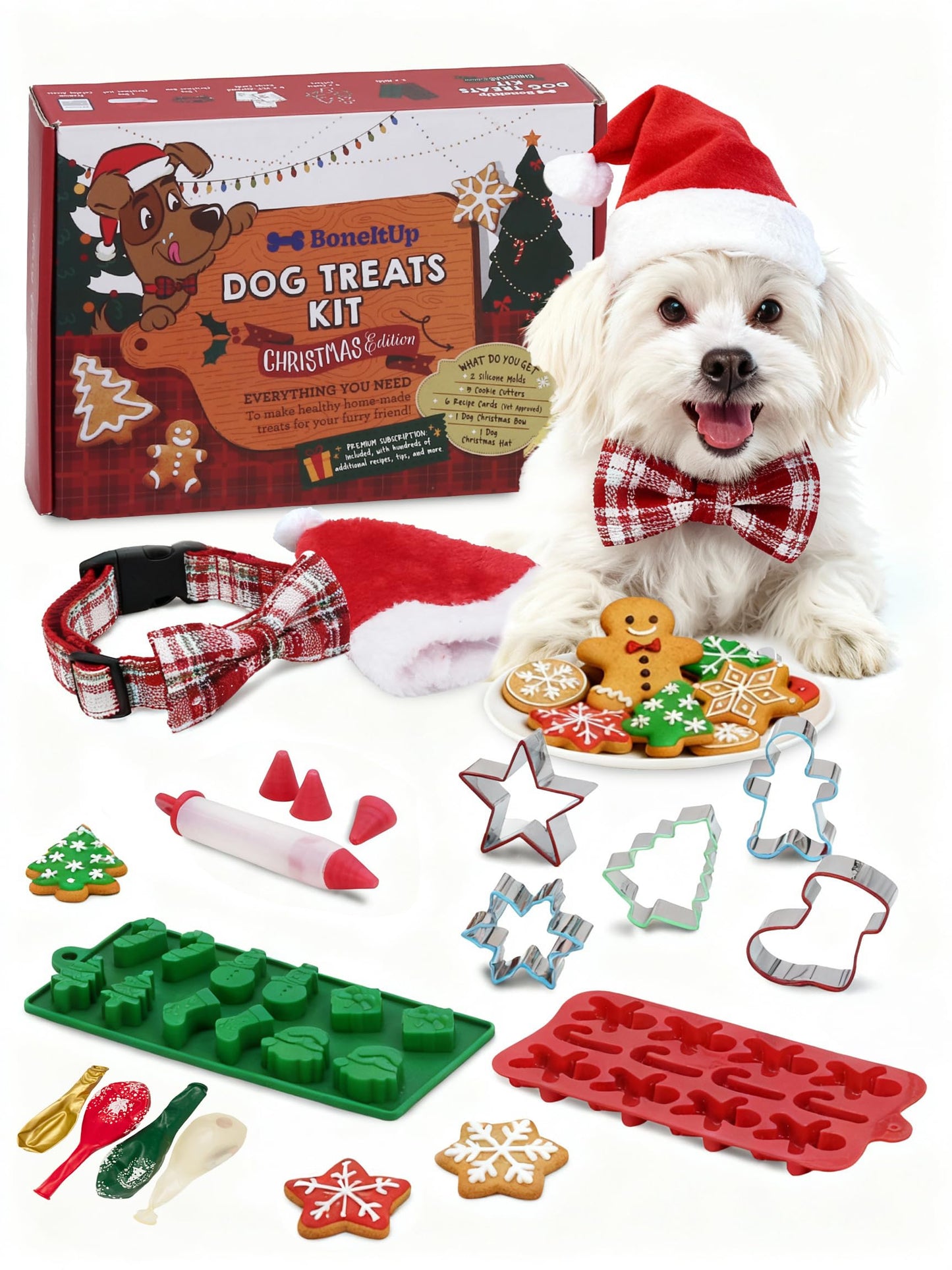 BoneItUp Dog Birthday Cake Kit - Bake Birthday Cakes for Dogs - Dog Party Supplies Set with - Large Cake Mold, 3 Vet-Backed Cake Recipes, 2 Drawing Pens, 10 Balloons, Birthday Hat & Bow