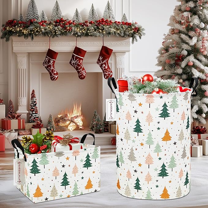 QUEENLALA Large Storage Basket,Laundry Hamper/Bathroom/Home Decor/Collapsible Round Storage Bin,Boys and Girls Hamper/Boxes/Clothing(Round-pine tree)
