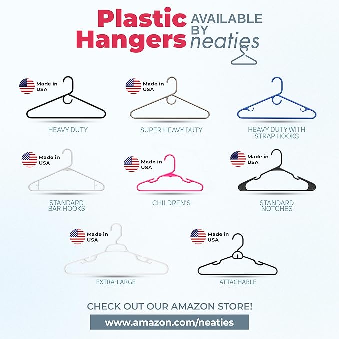Neaties Plastic Hangers 100+ Pack (150 Count) – Made in The USA – 6lb Capacity Standard Clothes Hangers with Strap Hooks for Dresses, Lingerie, Shirts, Pants, and Jackets – Gray
