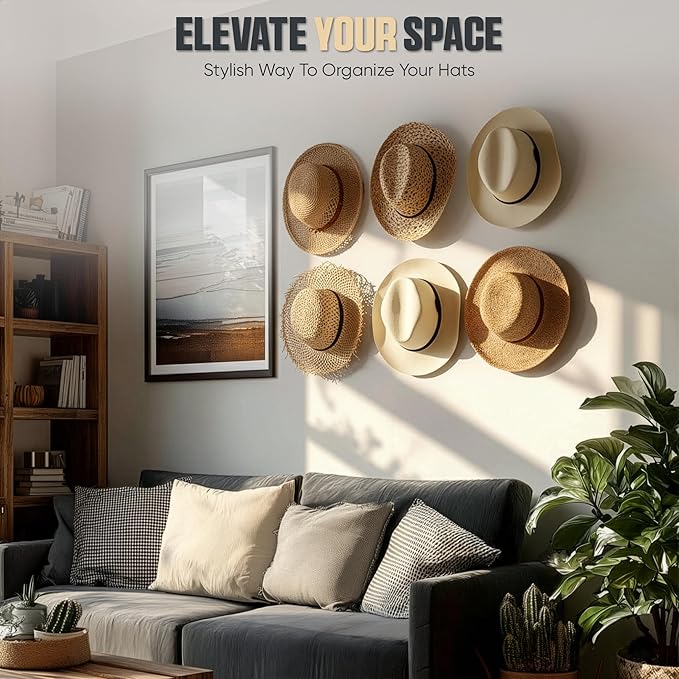 Modern JP Adhesive Hat Hooks for Wall (20-Pack) - Cowboy Hat Rack, Wide Brim Hat Organizer, Strong Hold Hat Hangers for Wall - Black