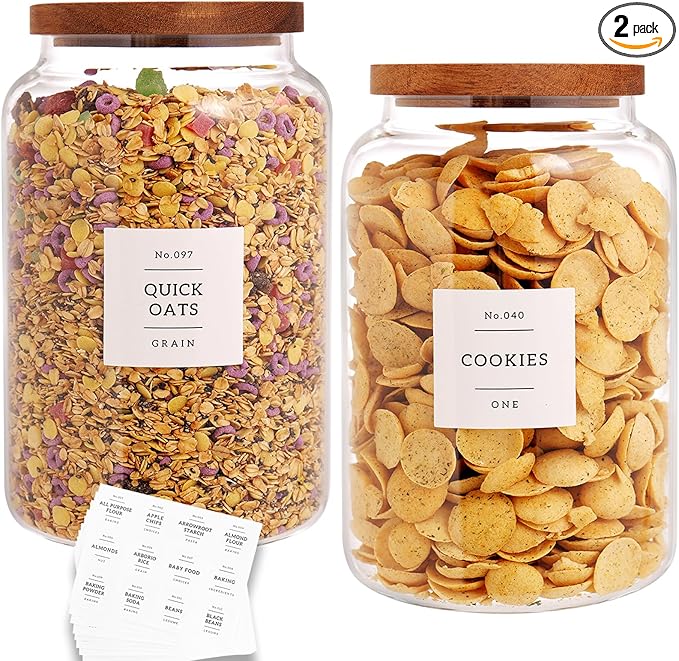 CZHQSMZ Set of 2 Large Glass Jar with Airtight Acacia Lid and 132 Kitchen Pantry Labels, Clear Glass Food Storage Jars Containers for Rice Flour Pasta Sugar Coffee Cookie and More(98 Fl Oz/2800 Ml)