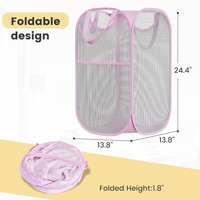 Strong Mesh Pop-up Laundry Hamper, Quality Pop Up Hampers for Laundry with Durable Handles Solid Bottom High Carbon Steel Frame, Easy to Open and Fold Flat for Storage(Light Pink)
