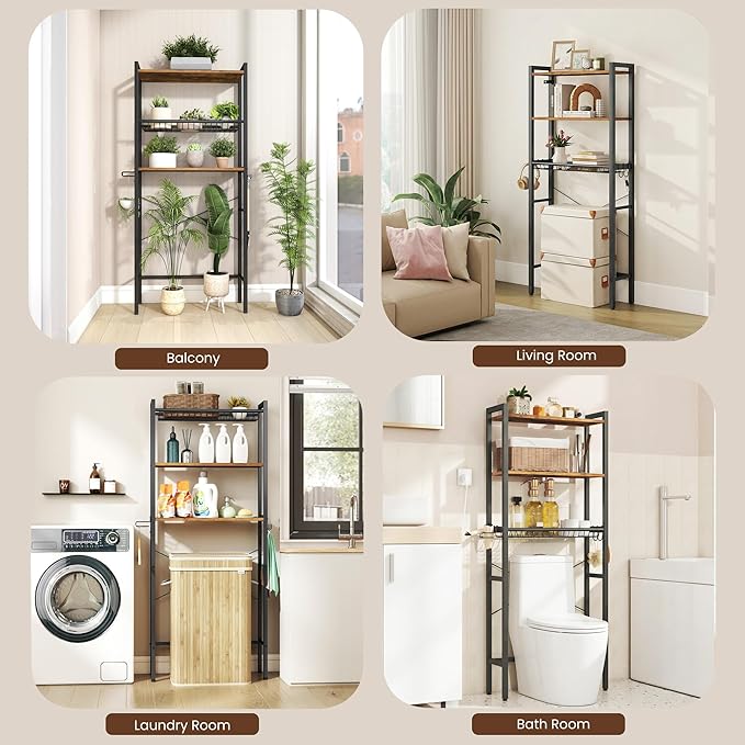 VASAGLE Over The Toilet Storage, Over Toilet Bathroom Organizer with Adjustable Shelves and Basket, 3 Hooks, Space Saving, 9.4 x 23.6 x 63 Inches, Rustic Brown UBTS113KD01S