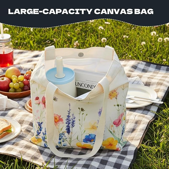 MOLOVA Reusable Canvas Cute Shoulder Bag,Made of 10 oz Canvas Tote Bag for Women,for Grocery, Shopping, Beach and Daily Use(Flower)
