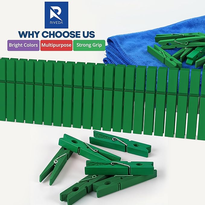RIVEDA 50pcs Colored Wooden Clothes Pins, 2.9inch, Clothespins for Classroom, Clip Hanging Photos, DIY Clips for Crafts, Decorations (Green)