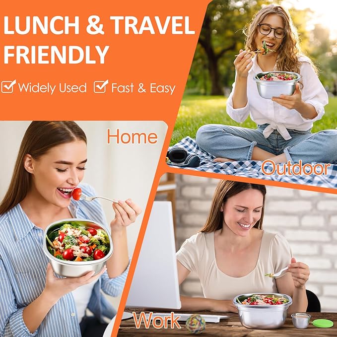 6-Piece Stainless Steel Salad Bowl Set, 3 Bowls (50 oz) & 3 Dressing Cups
